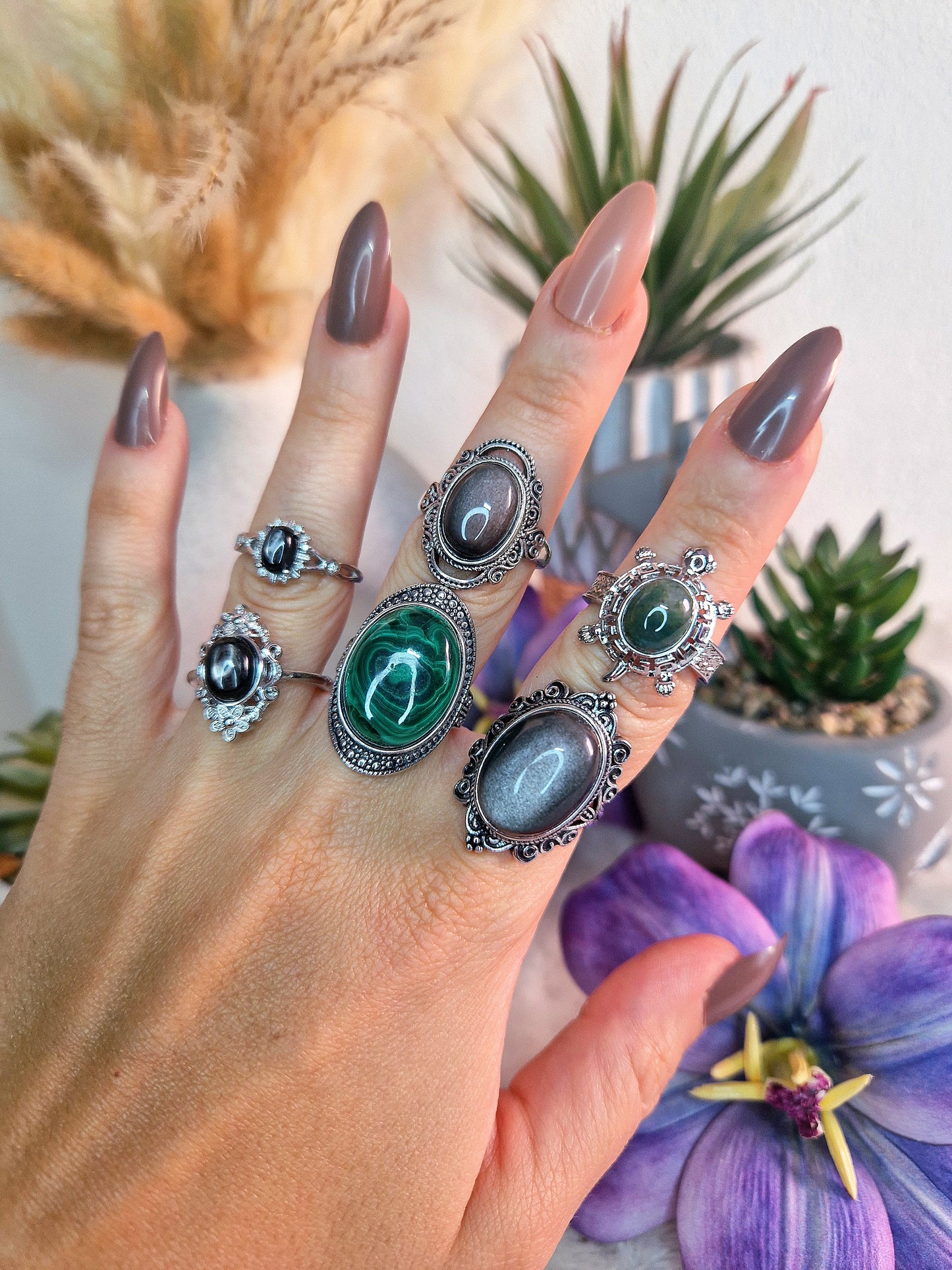 Anello con AGATA MUSCHIATA, OSSIDIANA, MALACHITE, HYPERSTENE