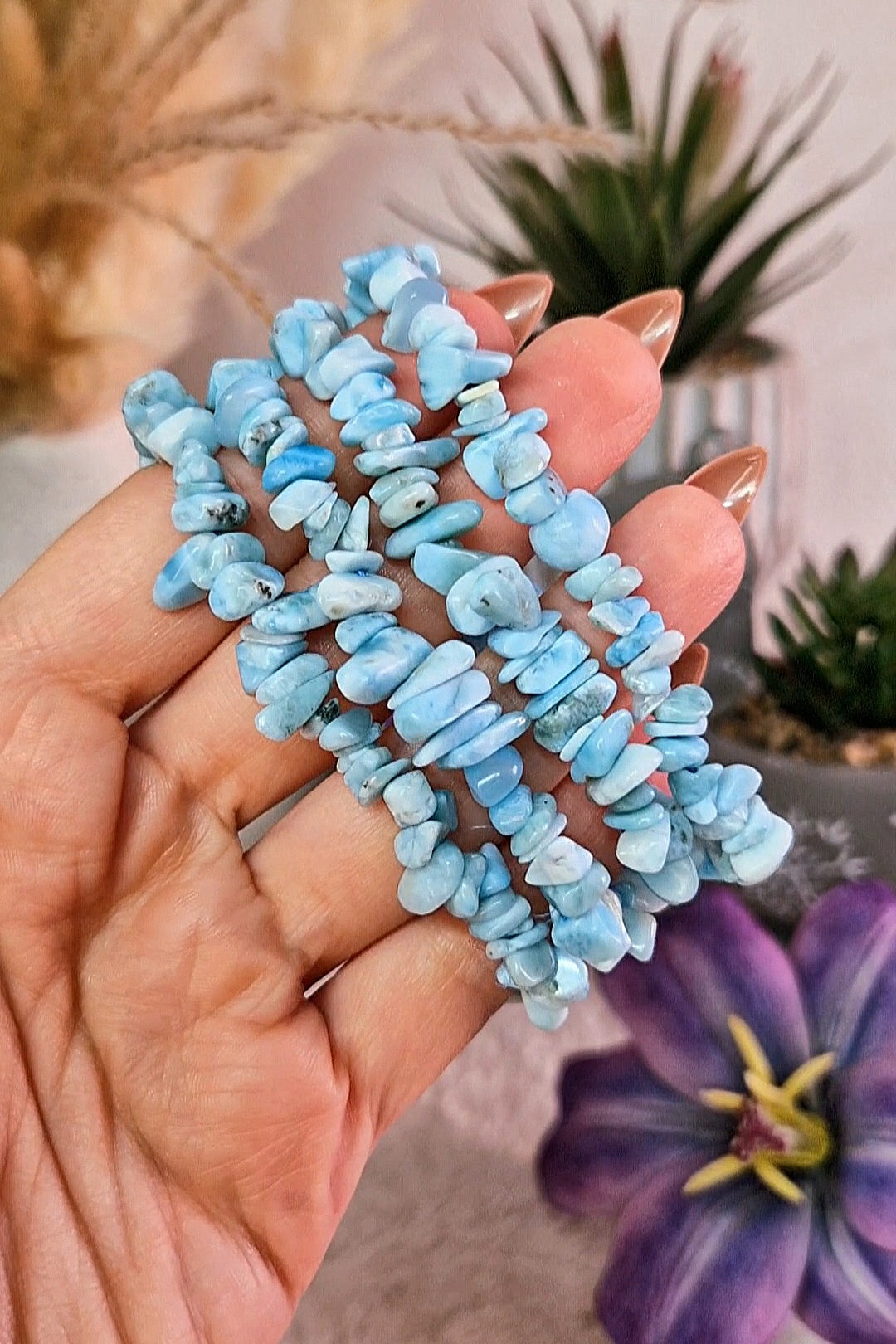 Braccialetto elastico in CHIPS di LARIMAR