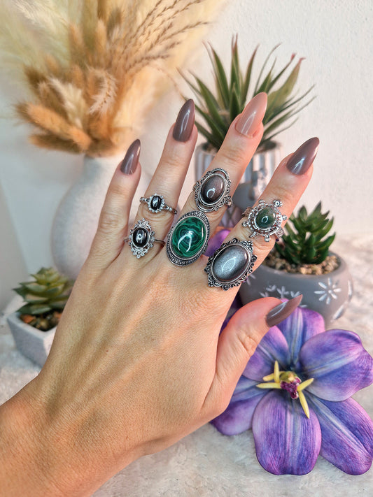 Anello con AGATA MUSCHIATA, OSSIDIANA, MALACHITE, HYPERSTENE