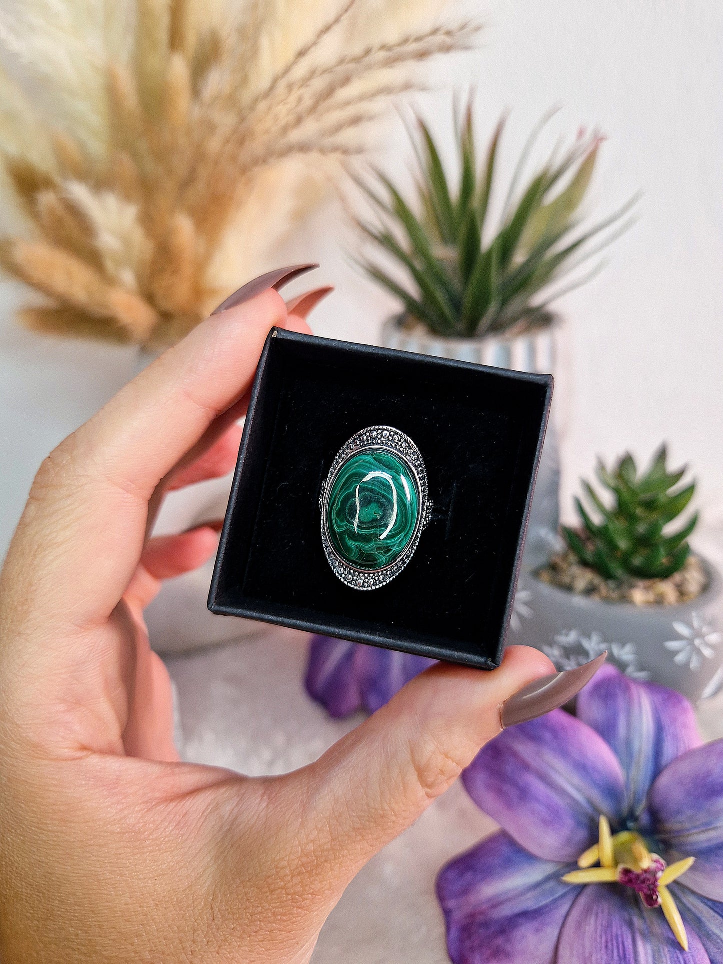 Anello con AGATA MUSCHIATA, OSSIDIANA, MALACHITE, HYPERSTENE