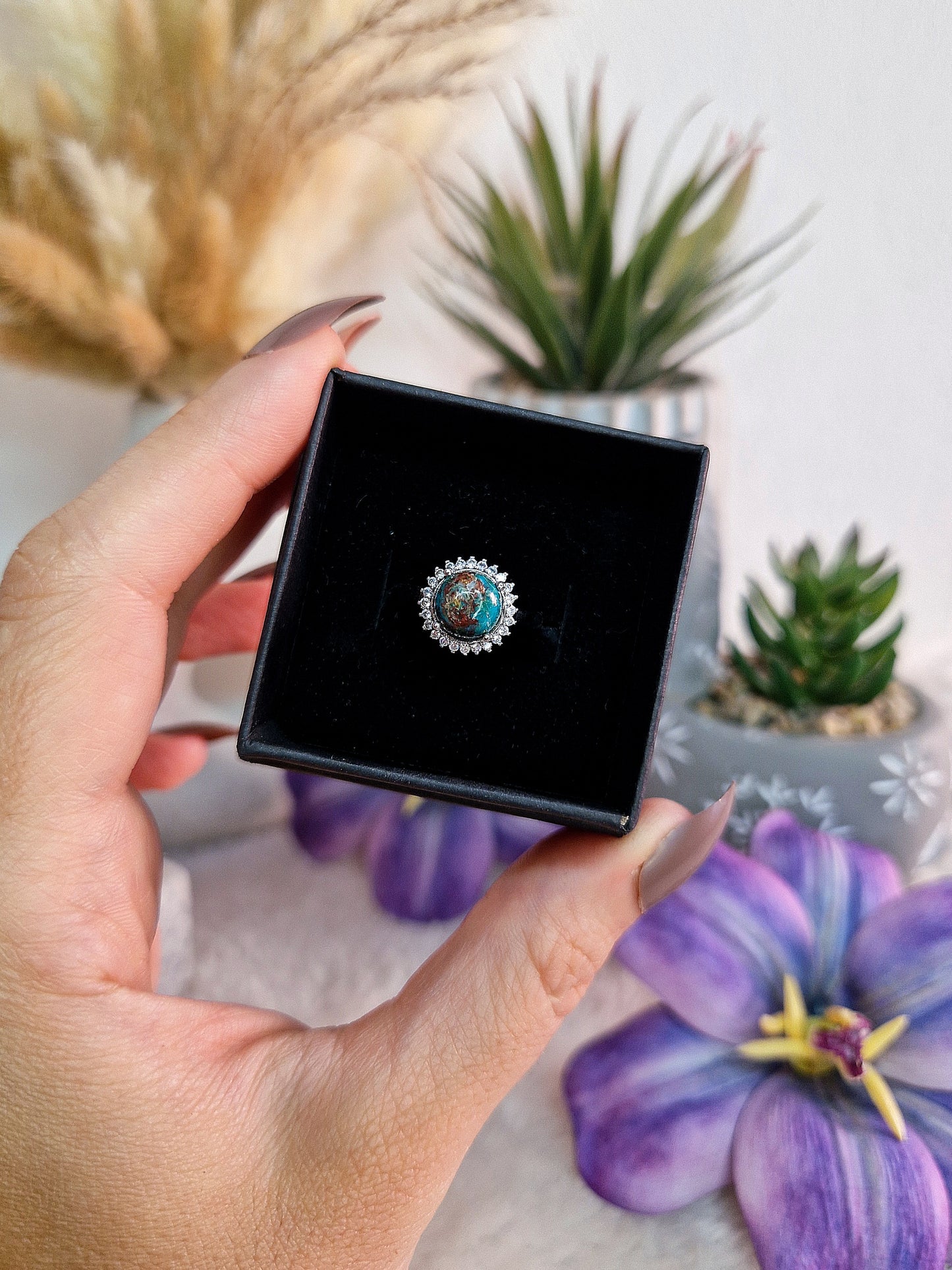 Anello con MOISSANITE, LARIMAR, MALACOLLA, GRANATO, AMBRA