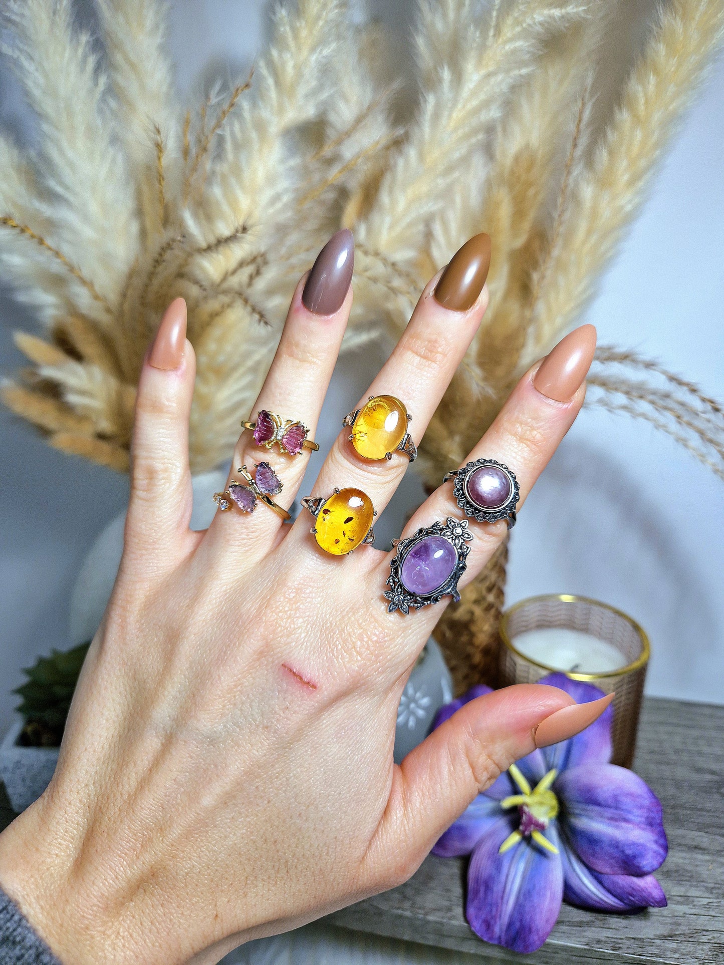 Anello con AMETISTA, GEM LEPIDOLITE, AMBRA, FLUORITE