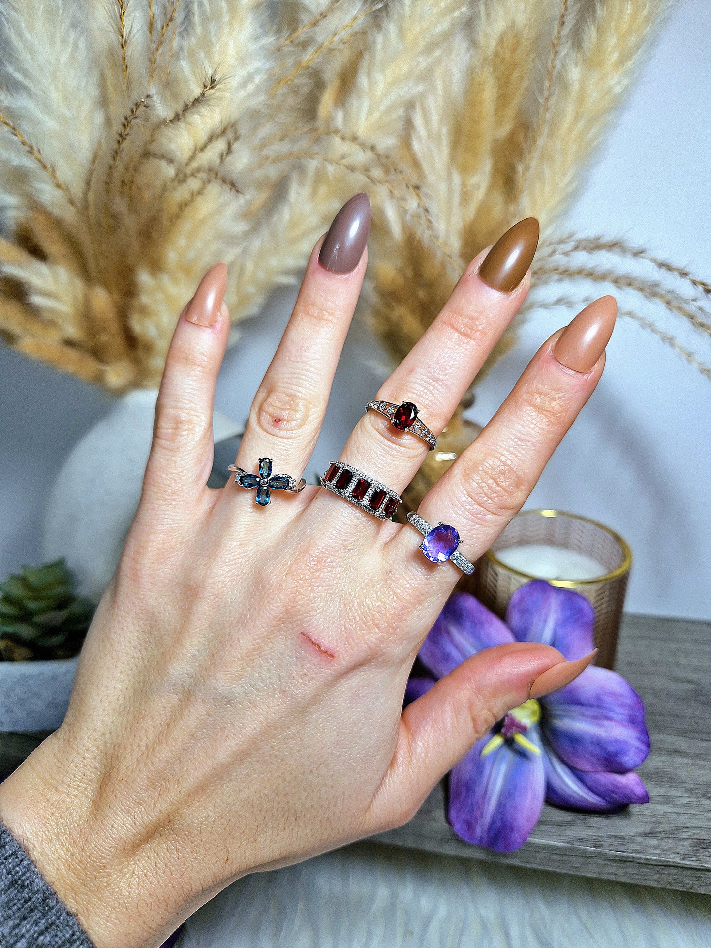 Anello regolabile con AMETISTA, GRANATO ROSSO, TOPAZIO LONDON