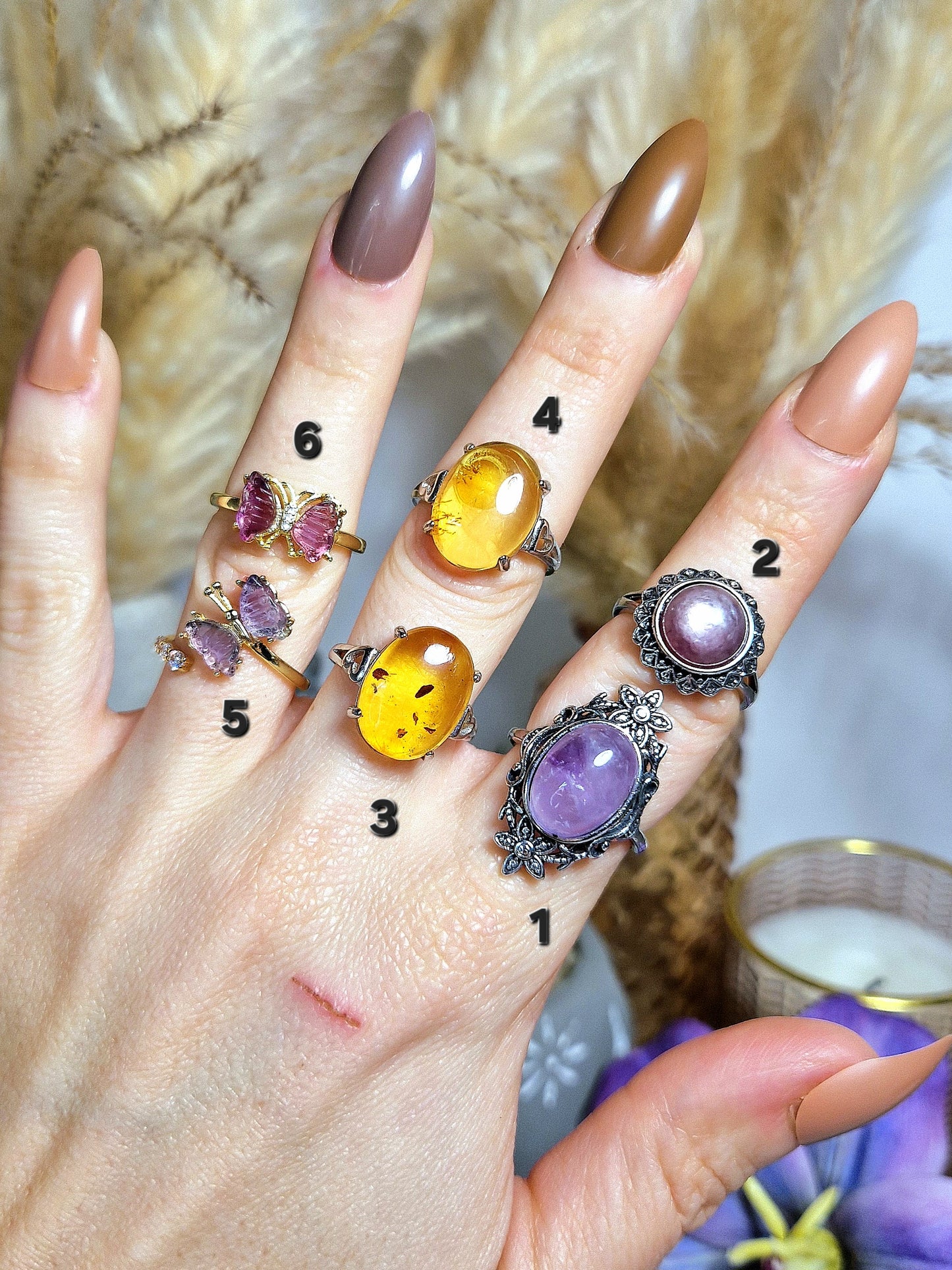 Anello con AMETISTA, GEM LEPIDOLITE, AMBRA, FLUORITE