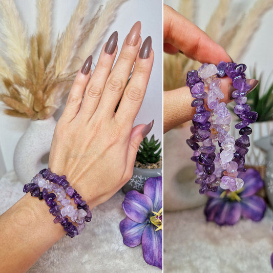 TRIS di braccialetti elastici con CHIPS di AMETISTA e AMETRINO