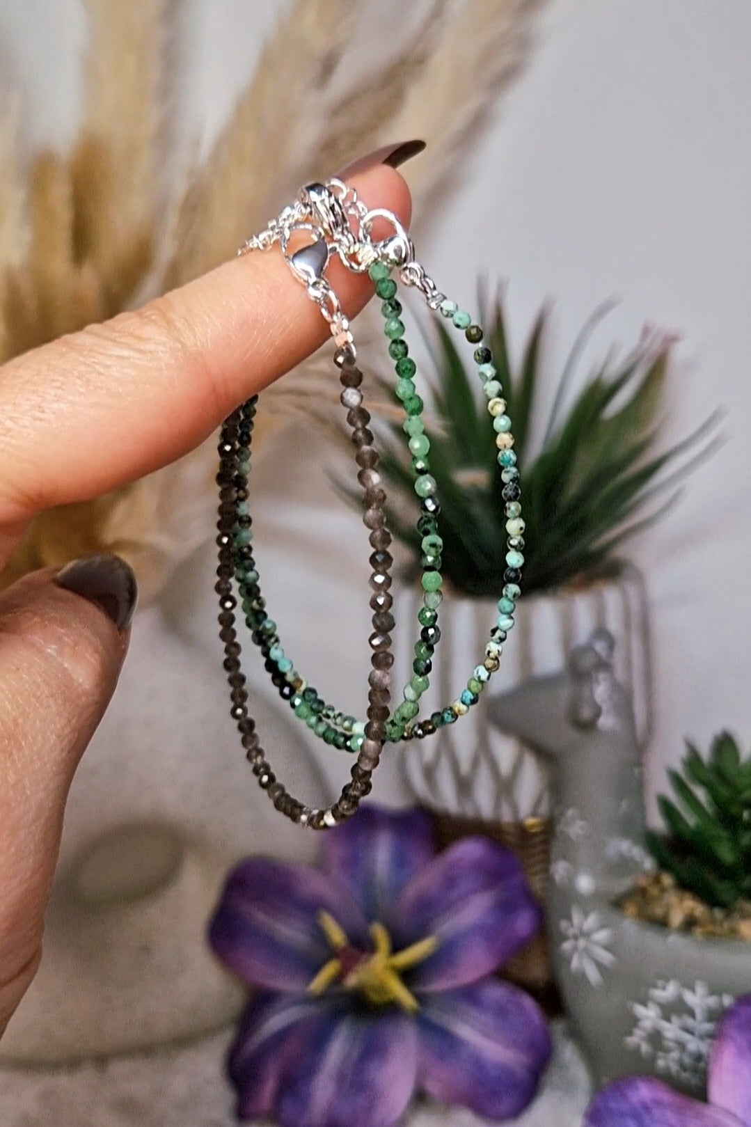 Set 3 braccialetti TRIS sfaccettati LABRADORITE, ZOISITE, QUANTUM QUATTRO
