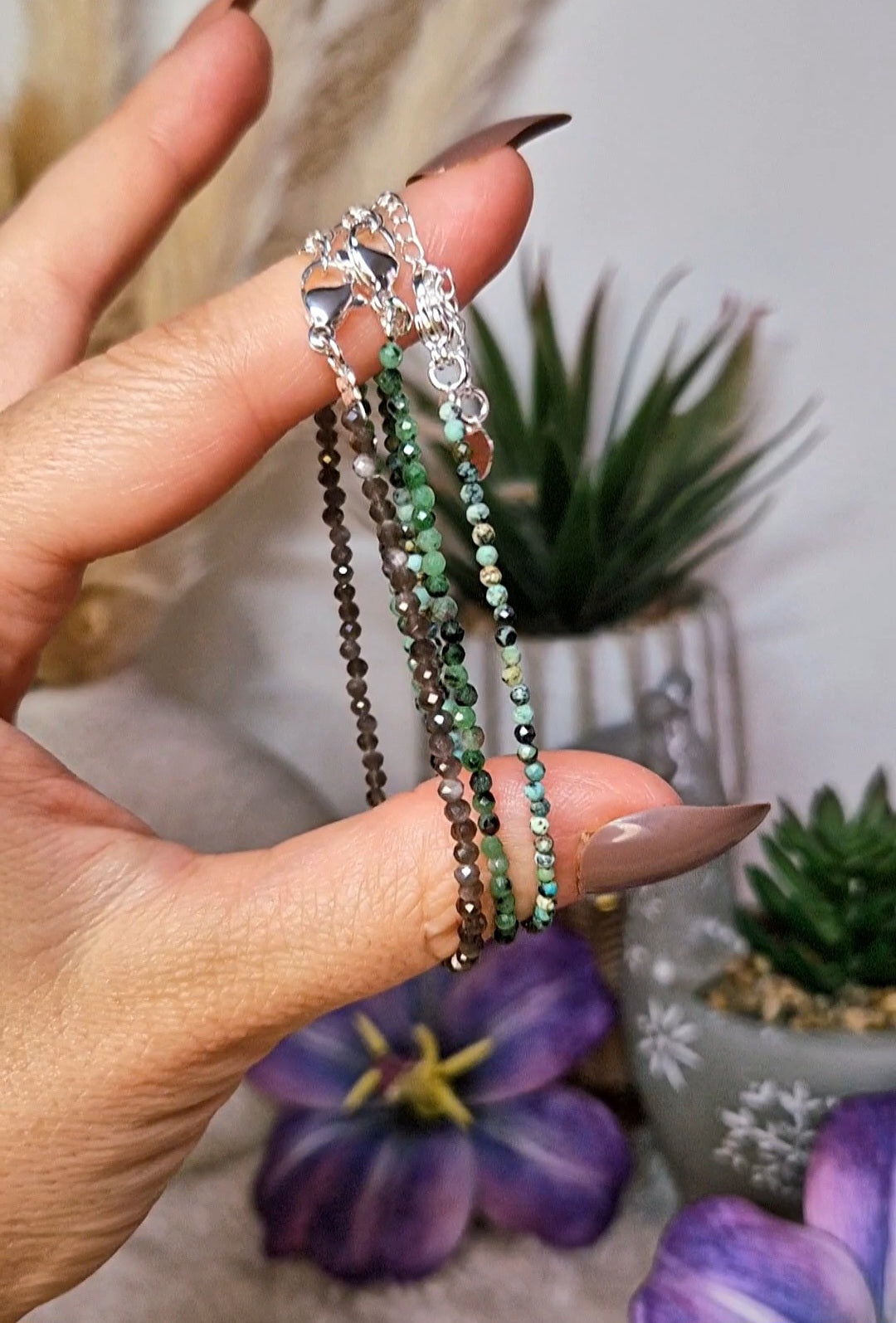 Set 3 braccialetti TRIS sfaccettati LABRADORITE, ZOISITE, QUANTUM QUATTRO
